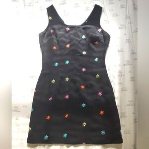 VINTAGE 90S BLACK MINI DRESS WITH EMBROIDERED FLOWERS